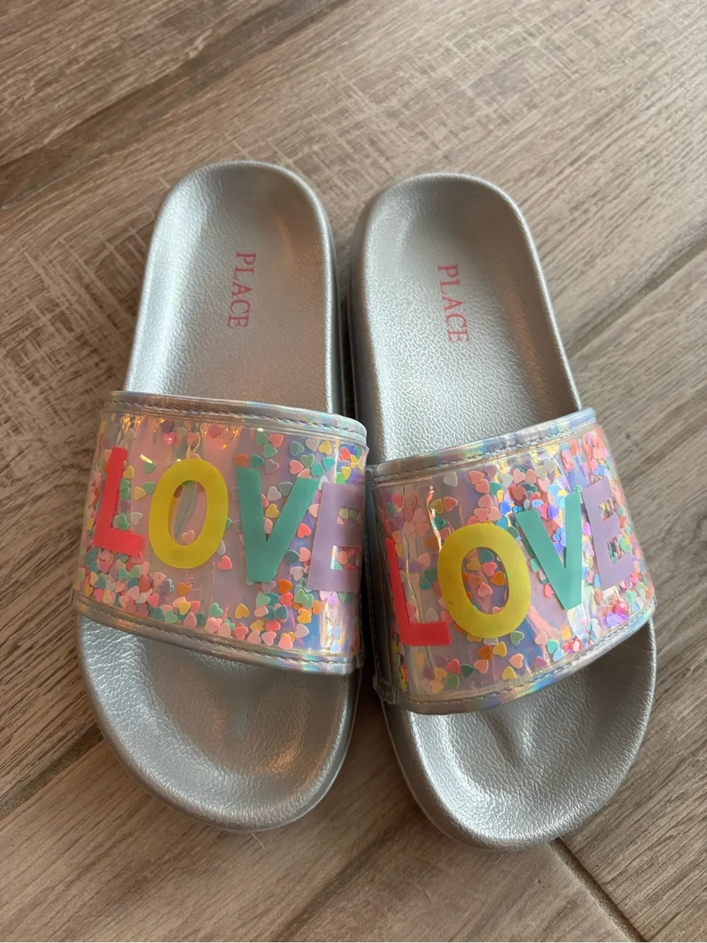 Place Girls' Silver Slide Sandals with Multicolor 'LOVE' Glitter Strap